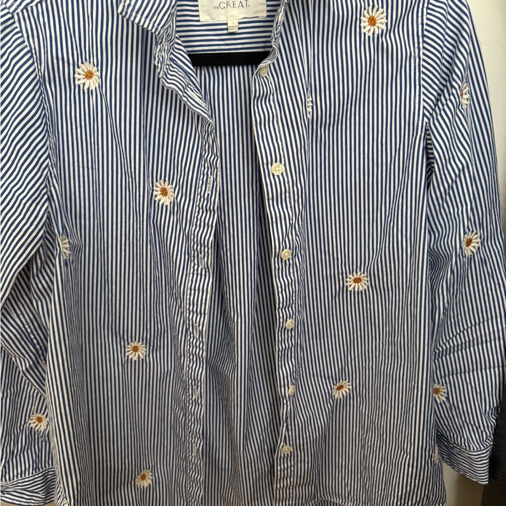 THE GREAT. Blue and White Floral Striped Jacket